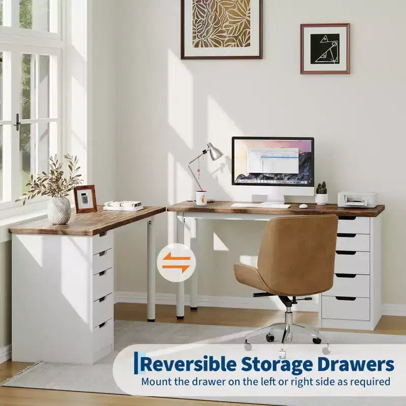 Scrivania per computer da 47 pollici con 5 cassetti, tavolo da studio/scrittura moderno rustico reversibile, postazione di lavoro per ufficio domestico per piccoli spazi