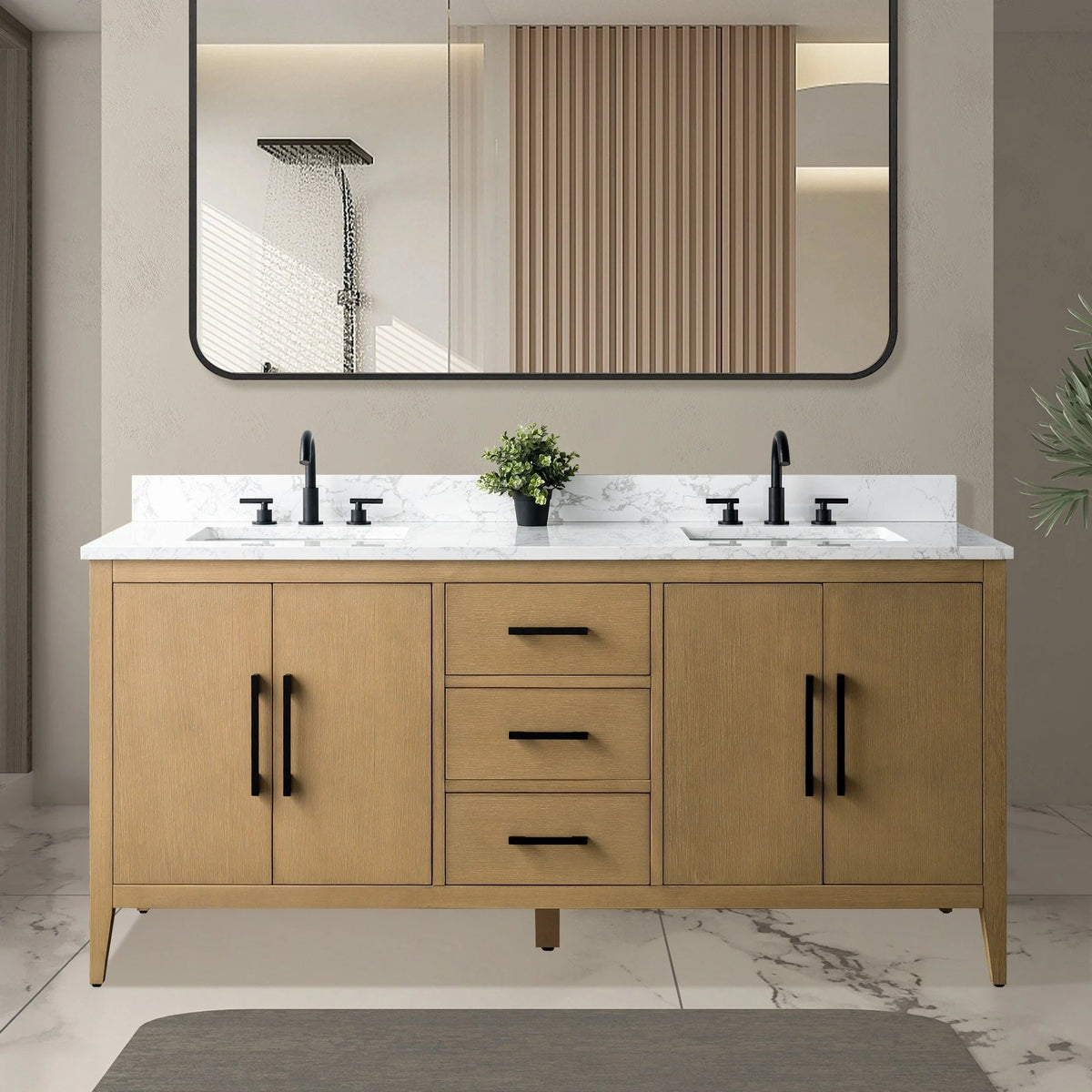 Mobile lavabo doppio Vanity Art 72 per bagno, con top in marmo tecnico