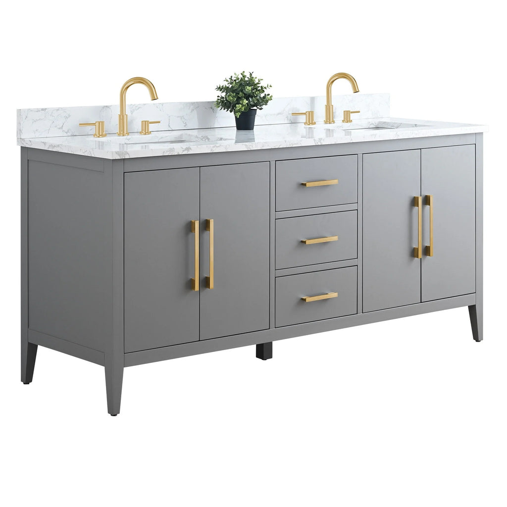 Mobile lavabo doppio Vanity Art 72 per bagno, con top in marmo tecnico