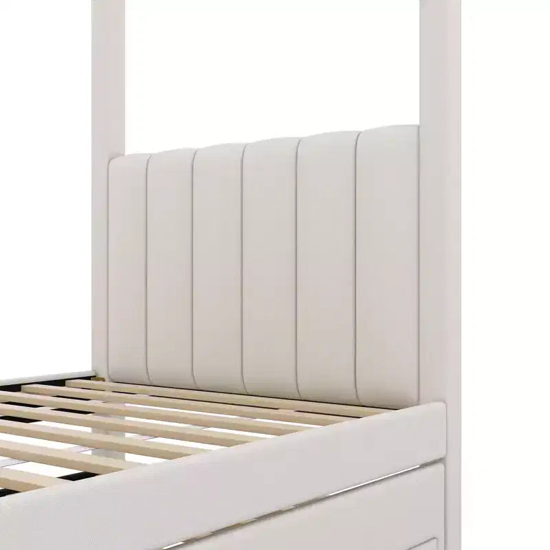 Letto a baldacchino in tessuto di lino full size con letto estraibile e tre cassetti portaoggetti