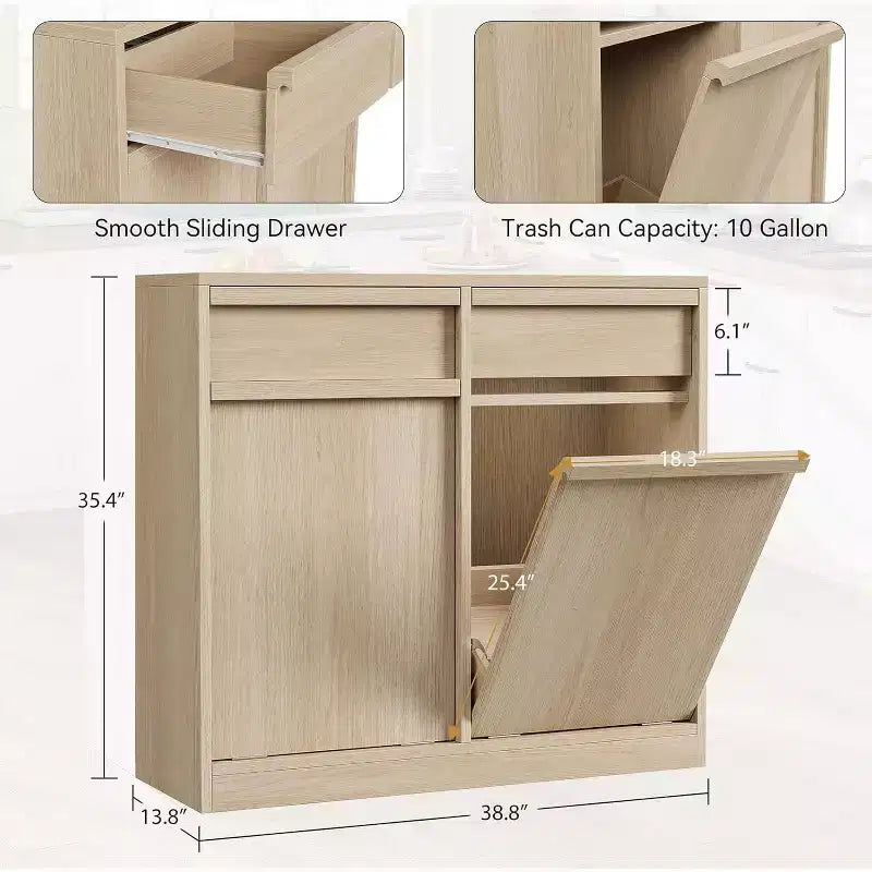 Pattumiera Inclinabile, Rovere Naturale, Pattumiera con Contenitore e Cassetto, Contenitore Nascosto per la Spazzatura, Cesto della Biancheria per Cucina, Sala da Pranzo, Soggiorno