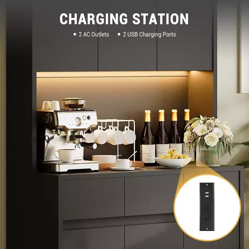 Mobile dispensa da cucina da 71 pollici, mobile credenza con luci a LED e prese di corrente, mobile buffet con supporto per microonde, ripiani regolabili