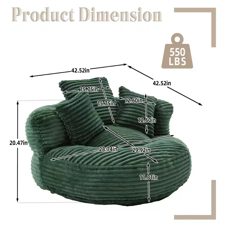 Pouf Divano per Adulti e Bambini, Poltrona Sacco Oversize in Corduroy con 3 Cuscini e Braccioli per Soggiorno e Camera da Letto