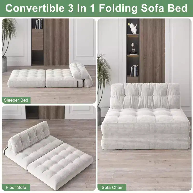 Divano Letto Futon Pieghevole in Velluto a Coste, Sedia Convertibile da Terra con Cuscino e Supporto per la Schiena