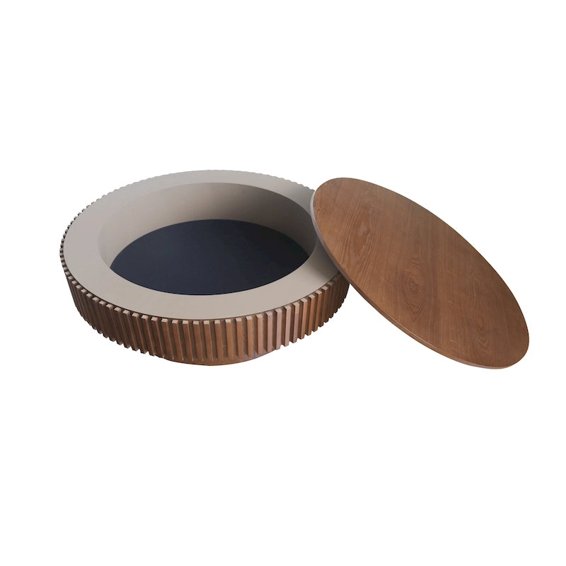 Tavolino da caffè/tè rotondo moderno in legno massello impiallacciato con contenitore