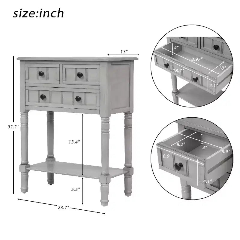Tavolino consolle stretto da 60 cm con 3 cassetti e ripiano, tavolino da divano per ingresso o soggiorno di piccoli spazi