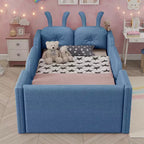 Letto a piattaforma Whisen Twin, struttura letto imbottita per bambini con cuscino a coniglio, sponde laterali rimovibili