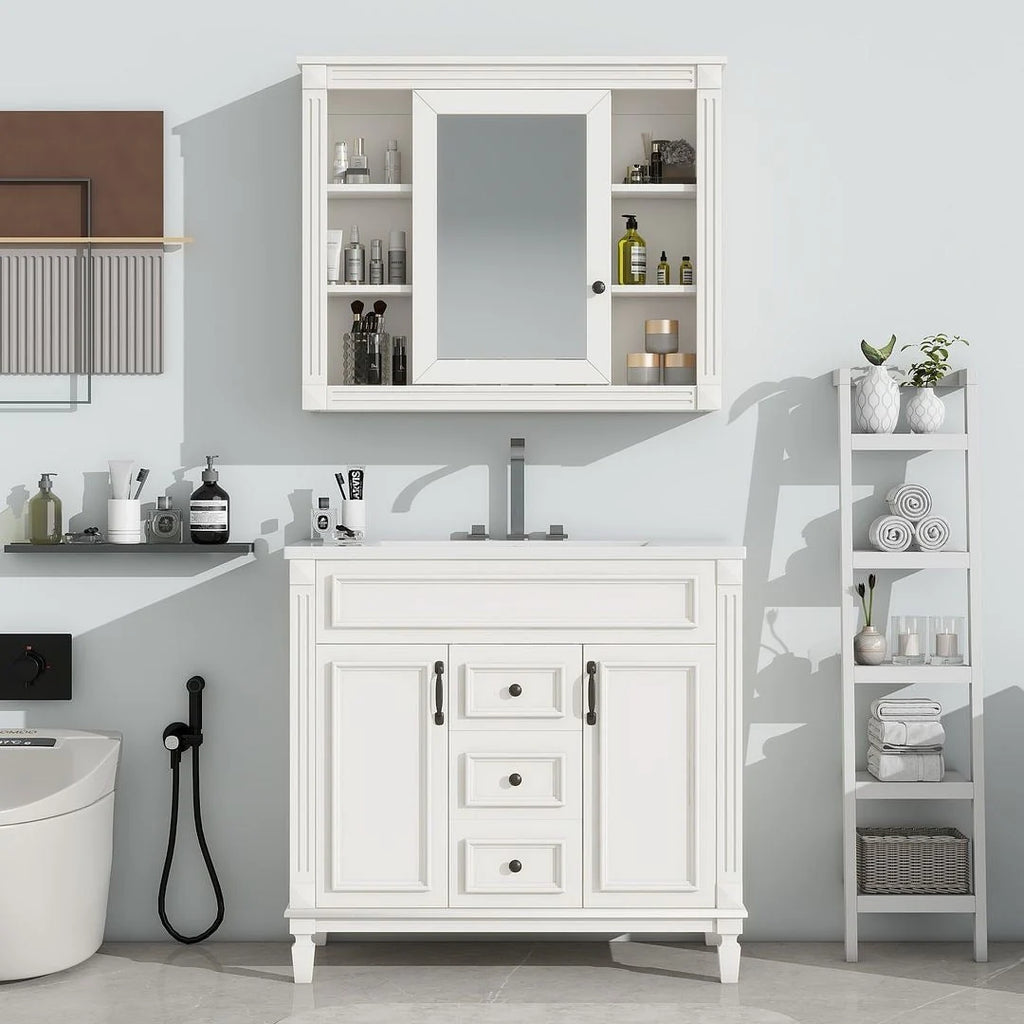 Mobile bagno moderno da 90 cm con lavabo integrato e specchiera, 2 ante e 2 cassetti