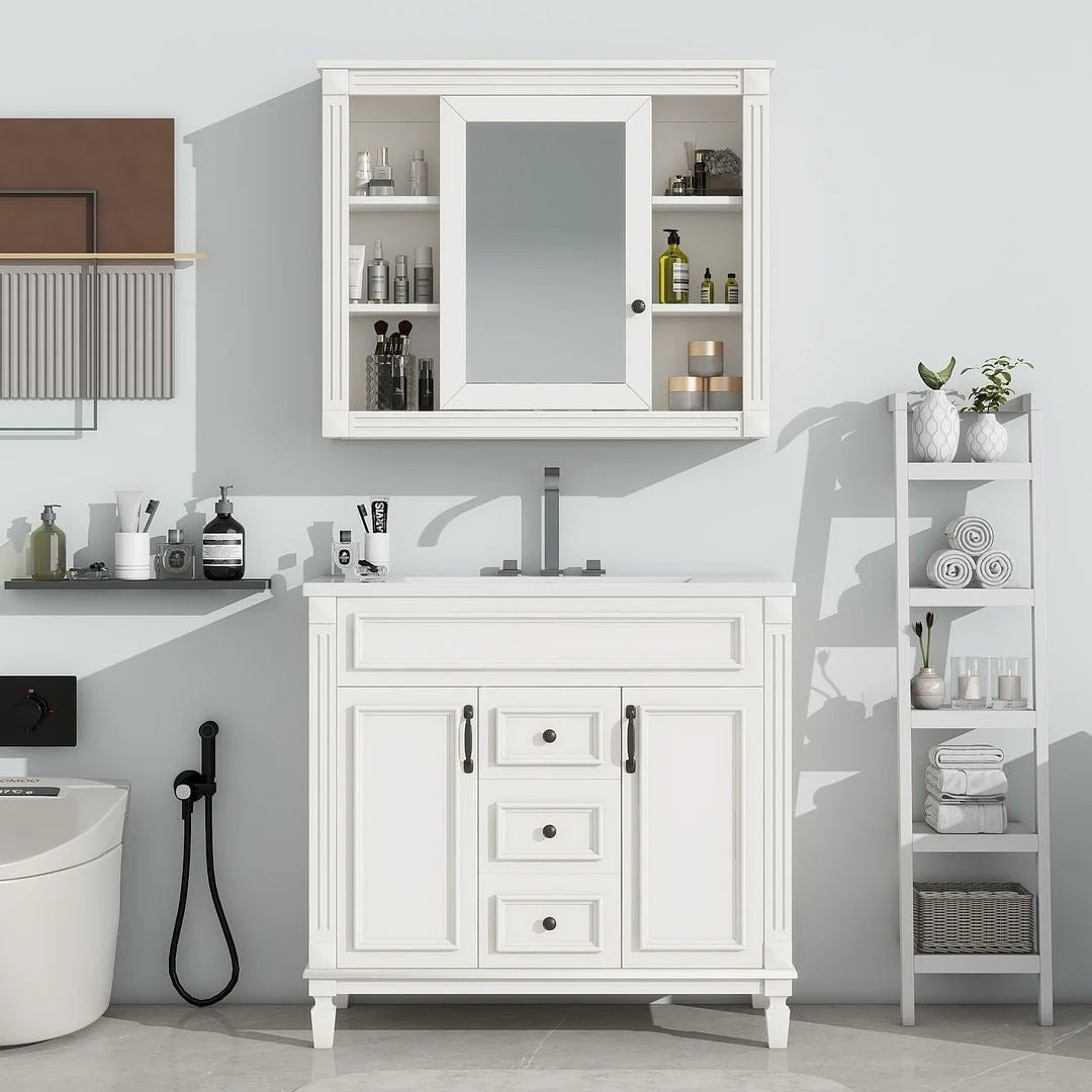 Mobile bagno moderno da 90 cm con lavabo integrato e specchiera, 2 ante e 2 cassetti
