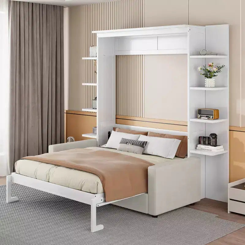 Letto a scomparsa Whisen Modern Design con struttura in legno, Queen Size, con divano e mensole