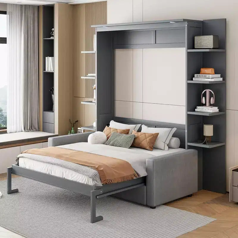 Letto a scomparsa Whisen Modern Design con struttura in legno, Queen Size, con divano e mensole