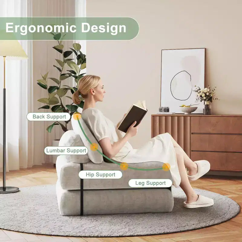 Divano Letto Futon Pieghevole in Velluto a Coste, Sedia Convertibile da Terra con Cuscino e Supporto per la Schiena