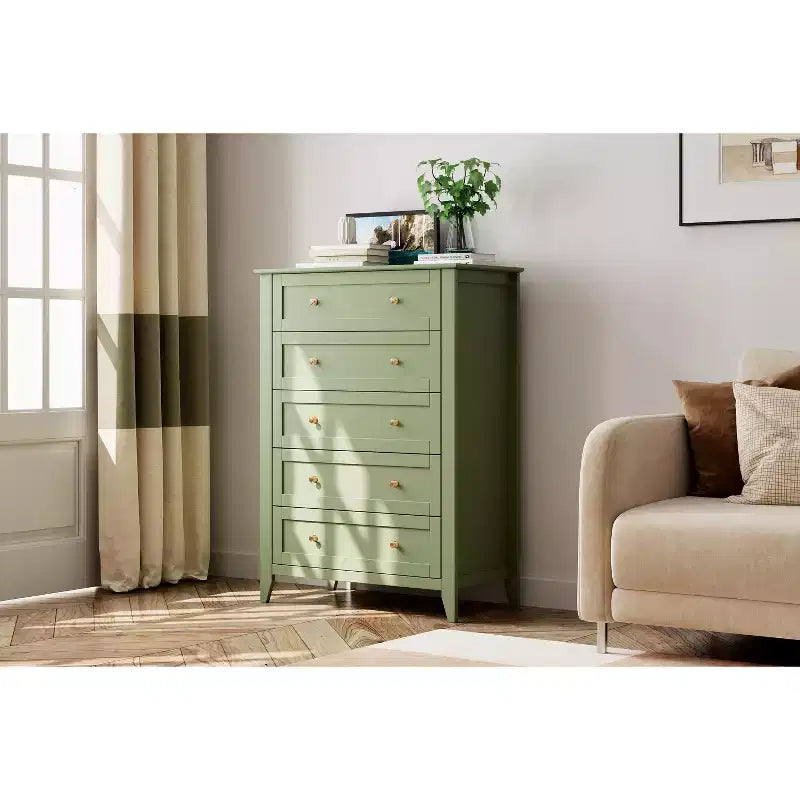 Cassettiera a 5 cassetti alta 108 cm per camera da letto, armadietto in legno con cassetti profondi 30 cm e pomelli in metallo dorato, ideale per ingresso o corridoio