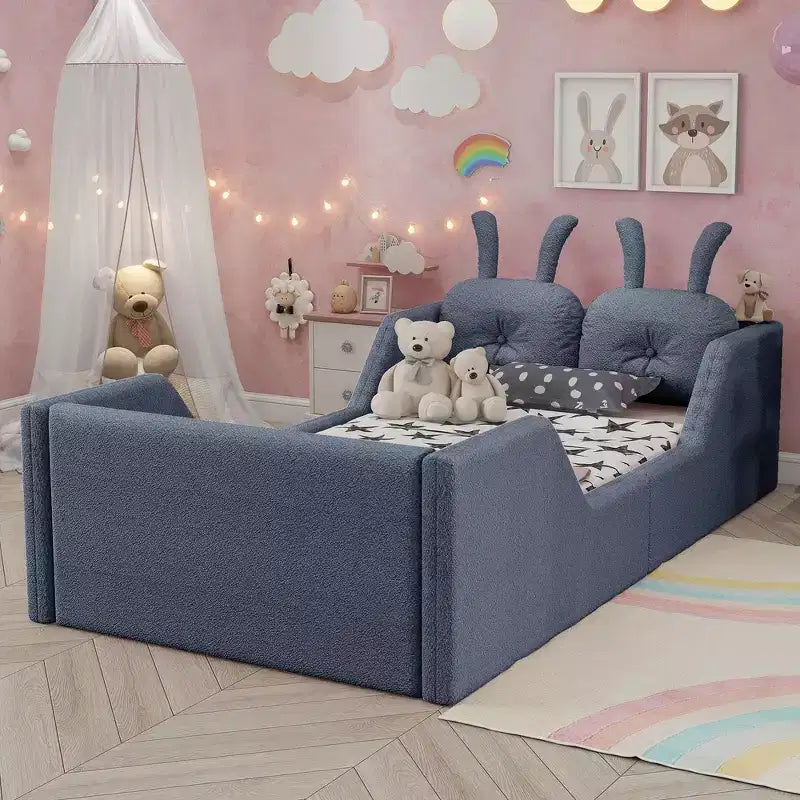 Letto a piattaforma Whisen Twin, struttura letto imbottita per bambini con cuscino a coniglio, sponde laterali rimovibili