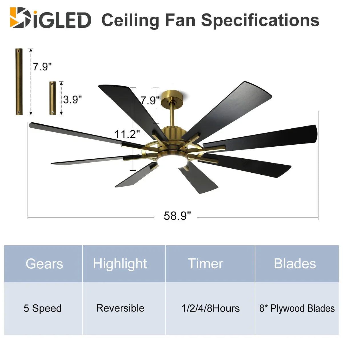 Ventilatore da soffitto con luci telecomandato e 8 grandi pale in legno