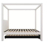 Letto a baldacchino in tessuto di lino full size con letto estraibile e tre cassetti portaoggetti
