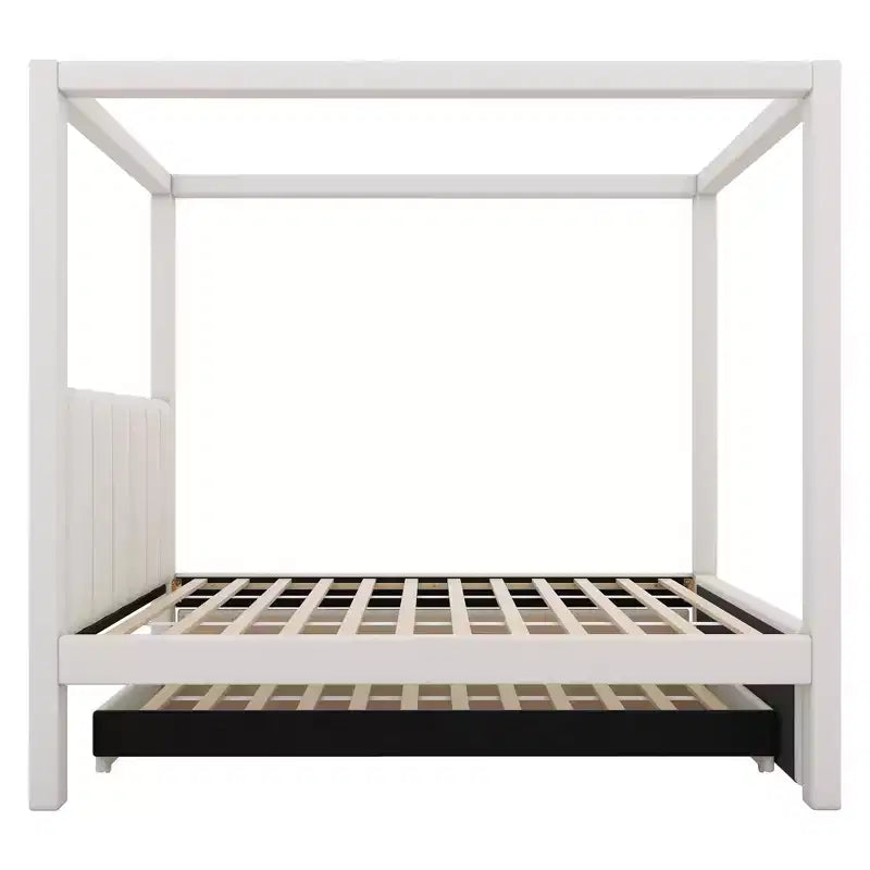 Letto a baldacchino in tessuto di lino full size con letto estraibile e tre cassetti portaoggetti