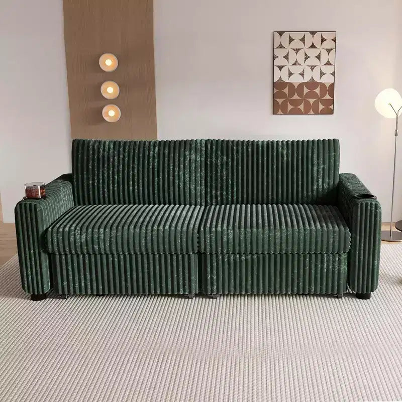 Divano letto componibile Dyonery 91 con letto estraibile, schienale reclinabile/due letti estraibili/porte USB/portabicchieri, velluto a coste felpato