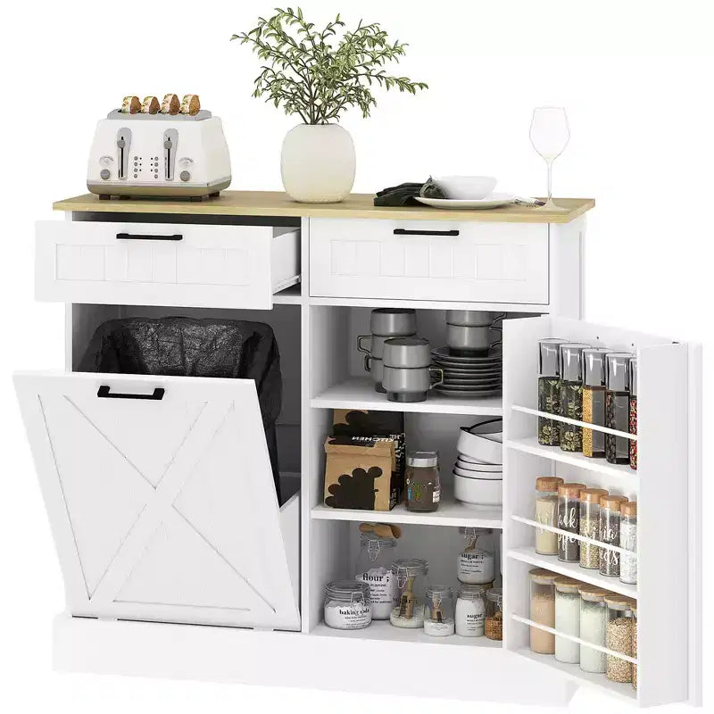 HOMCOM Mobiletto Pattumiera Inclinabile con Cassetti, Mobile Contenitore da Cucina Stile Farmhouse con Pattumiera Nascosta