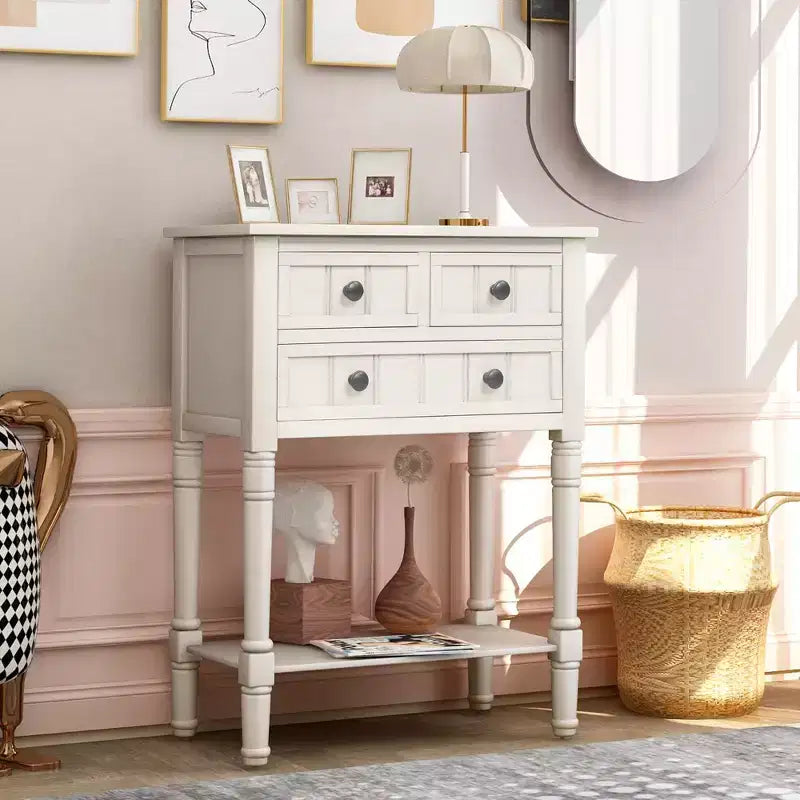 Tavolino consolle stretto da 60 cm con 3 cassetti e ripiano, tavolino da divano per ingresso o soggiorno di piccoli spazi