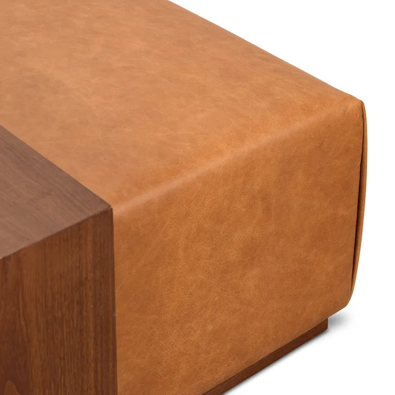 Poly & Bark Pouf Jarmo con Tavolino Regolabile in Noce - Vera Pelle Italiana Pieno Fiore