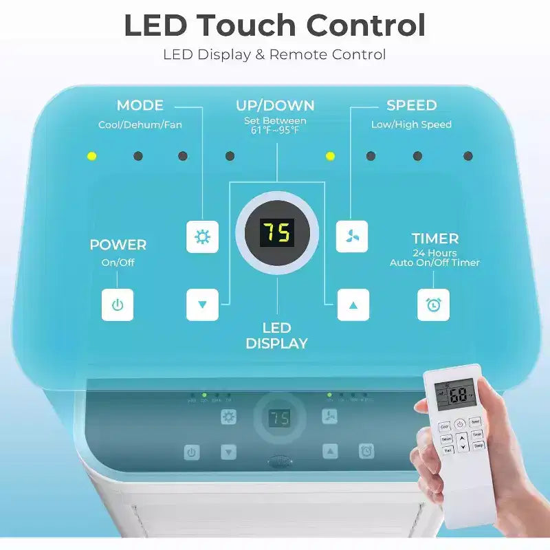 Condizionatore portatile da 8.000 BTU, unità 3 in 1 con 4 modalità, timer, display LED, telecomando e kit di installazione, per camera da letto/soggiorno/ufficio, bianco.