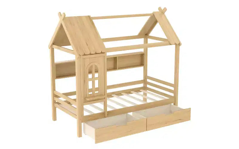 Letto a capanna con cassetti contenitori e finestra, struttura in legno massello con mensole, design giocoso infantile, bianco chiaro