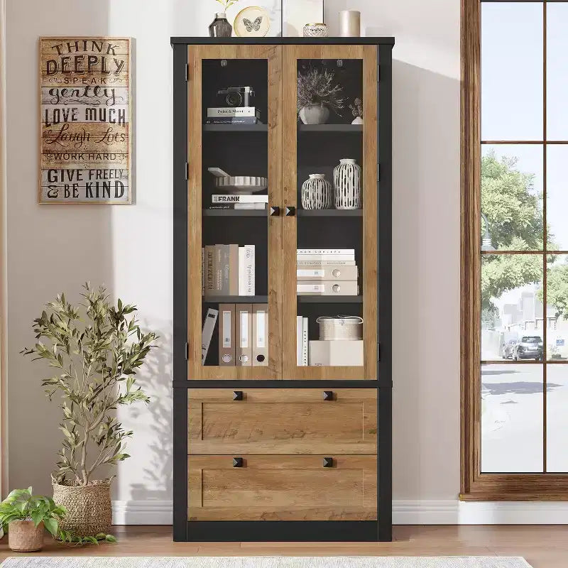 Mobile dispensa da cucina colonica con ante in vetro, armadio contenitore da 72 pollici con cassetti e ripiani regolabili per sala da pranzo, bagno, soggiorno