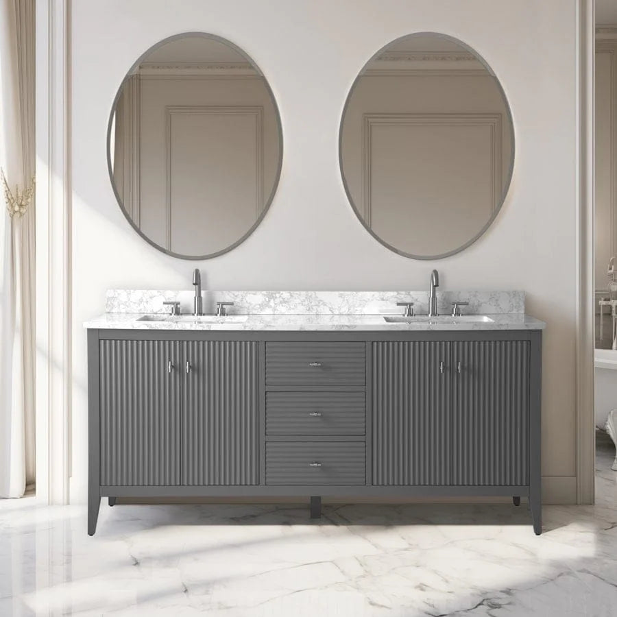 Mobile lavabo doppio Vanity Art 72 per bagno, con top in marmo tecnico