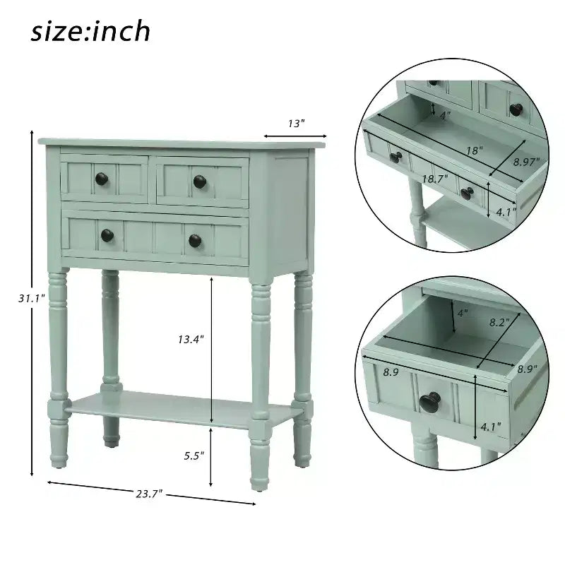 Tavolino consolle stretto da 60 cm con 3 cassetti e ripiano, tavolino da divano per ingresso o soggiorno di piccoli spazi