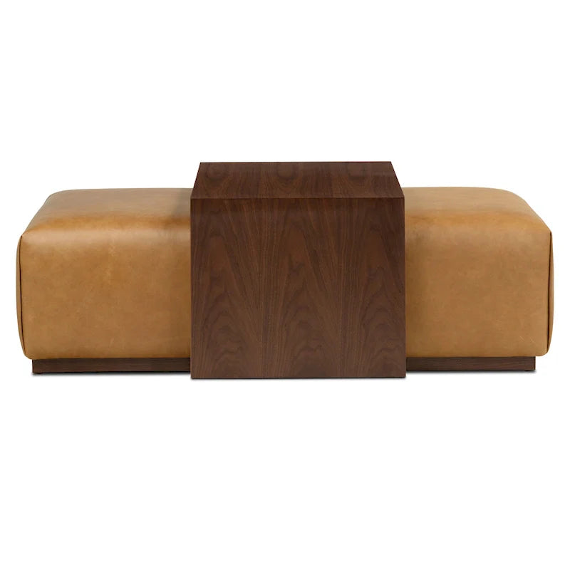Poly & Bark Pouf Jarmo con Tavolino Regolabile in Noce - Vera Pelle Italiana Pieno Fiore
