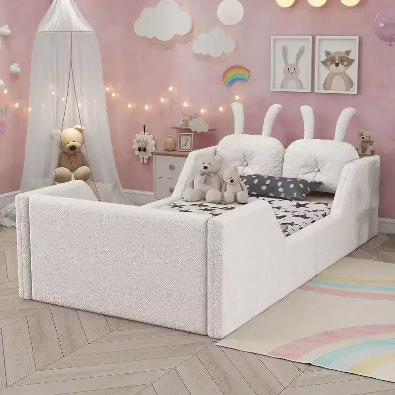 Letto a piattaforma Whisen Twin, struttura letto imbottita per bambini con cuscino a coniglio, sponde laterali rimovibili