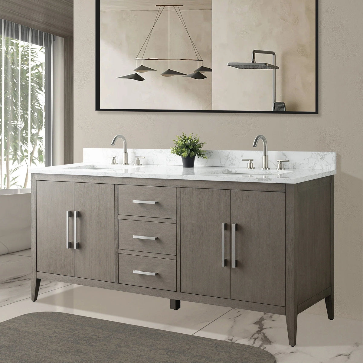 Mobile lavabo doppio Vanity Art 72 per bagno, con top in marmo tecnico