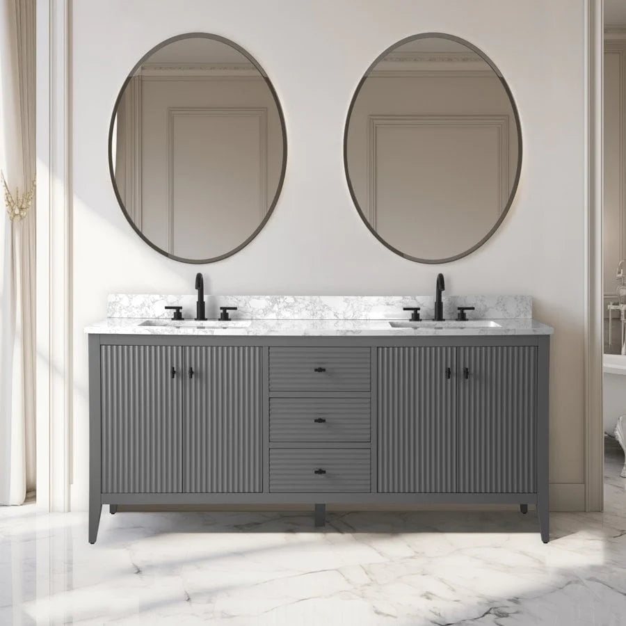 Mobile lavabo doppio Vanity Art 72 per bagno, con top in marmo tecnico