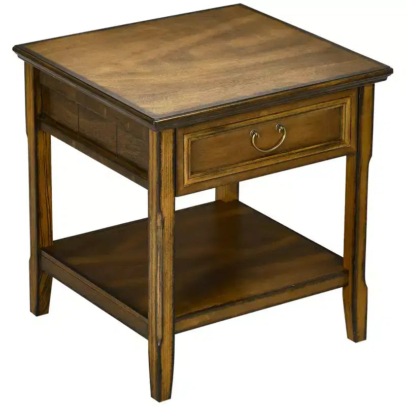 HOMCOM Vintage Farmhouse Side Table for Living Room Storage End Table with Antique Handle Drawer & Shelf, Wooden Side Table, Dark Coffee