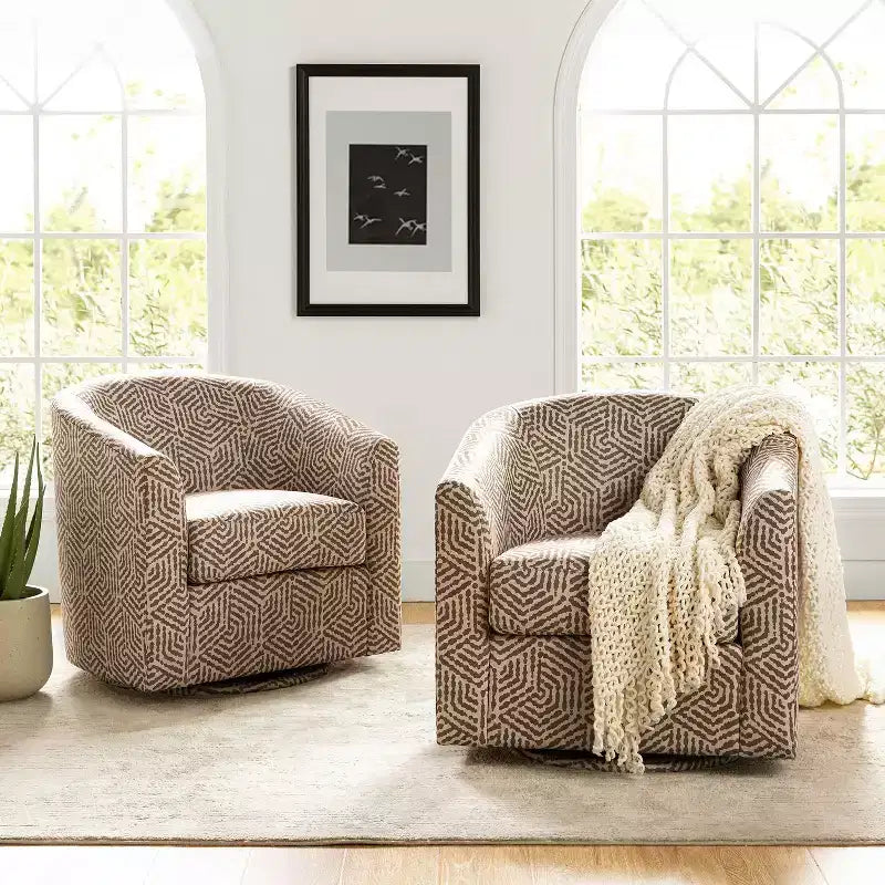 Set of 2 Liria Wooden Upholstered Barrel Chair for Livingroom with Metal Swivel Base| ART OF LIVING DESIGNS