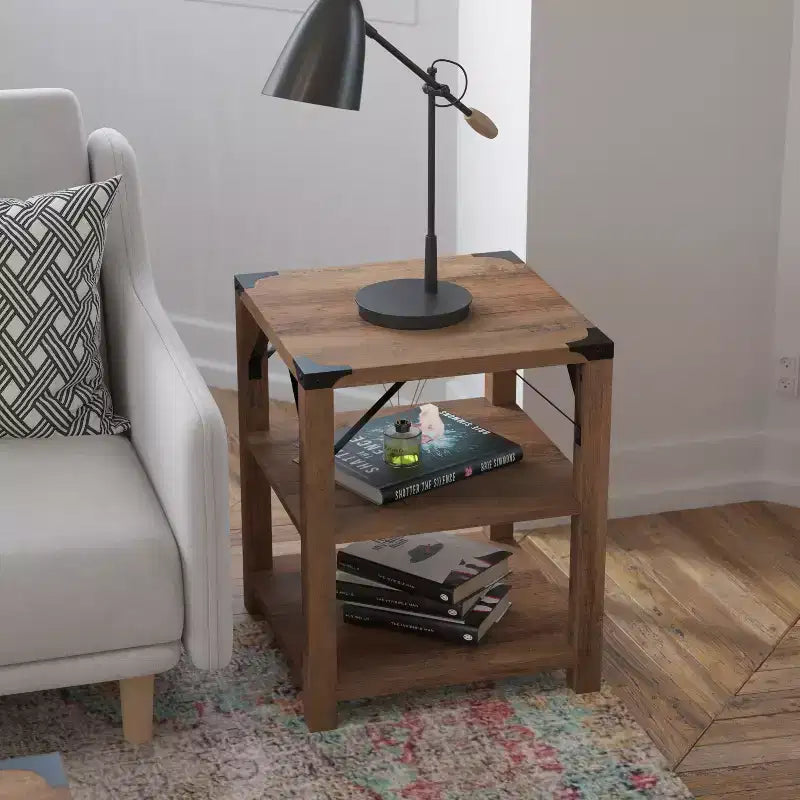 Flash Furniture Wyatt Modern Farmhouse Wooden 3 Tier End Table with Black Metal Corner Accents and Cross Bracing, Rustic Oak