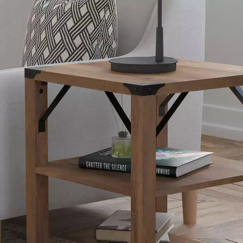 Flash Furniture Wyatt Modern Farmhouse Wooden 3 Tier End Table with Black Metal Corner Accents and Cross Bracing, Rustic Oak