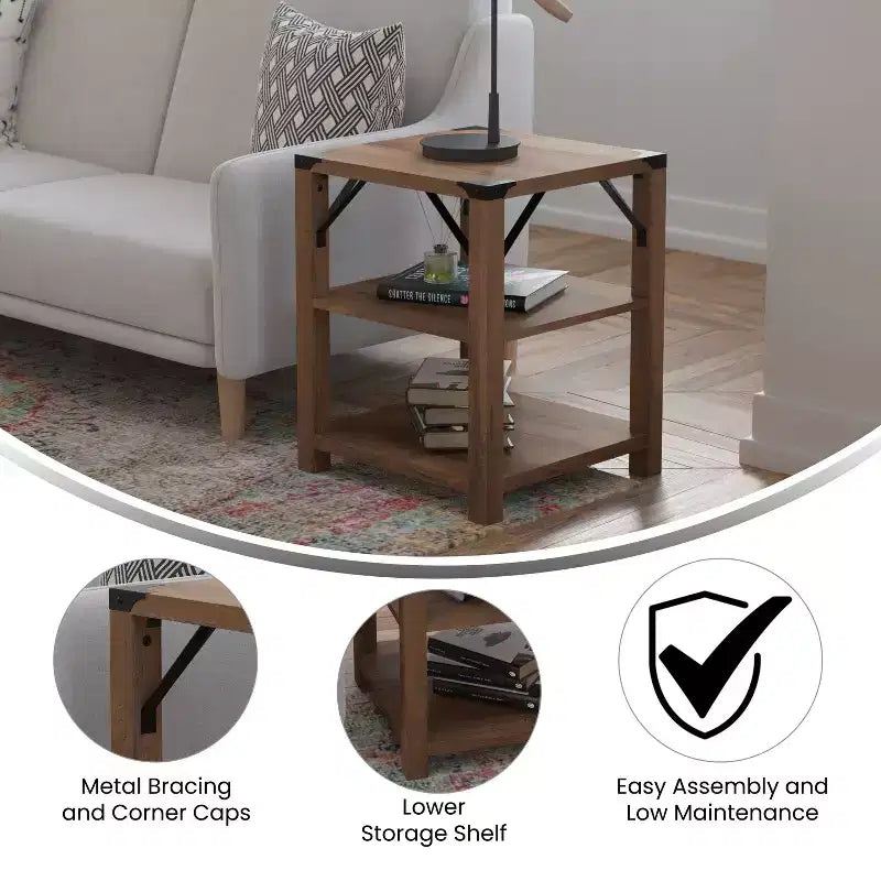 Flash Furniture Wyatt Modern Farmhouse Wooden 3 Tier End Table with Black Metal Corner Accents and Cross Bracing, Rustic Oak