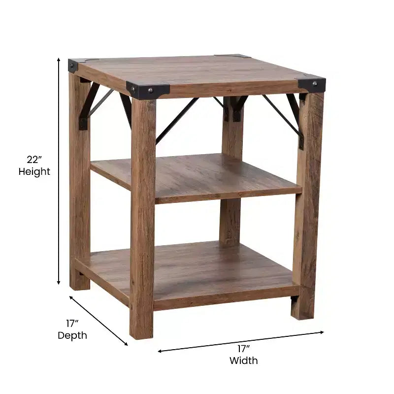 Flash Furniture Wyatt Modern Farmhouse Wooden 3 Tier End Table with Black Metal Corner Accents and Cross Bracing, Rustic Oak