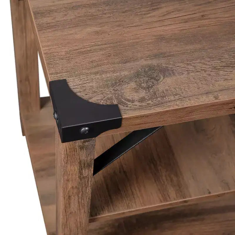 Flash Furniture Wyatt Modern Farmhouse Wooden 3 Tier End Table with Black Metal Corner Accents and Cross Bracing, Rustic Oak