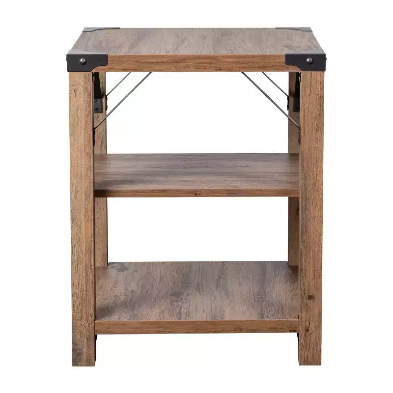 Flash Furniture Wyatt Modern Farmhouse Wooden 3 Tier End Table with Black Metal Corner Accents and Cross Bracing, Rustic Oak