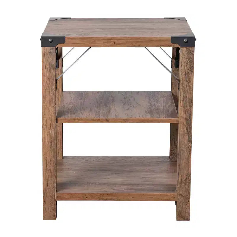 Flash Furniture Wyatt Modern Farmhouse Wooden 3 Tier End Table with Black Metal Corner Accents and Cross Bracing, Rustic Oak