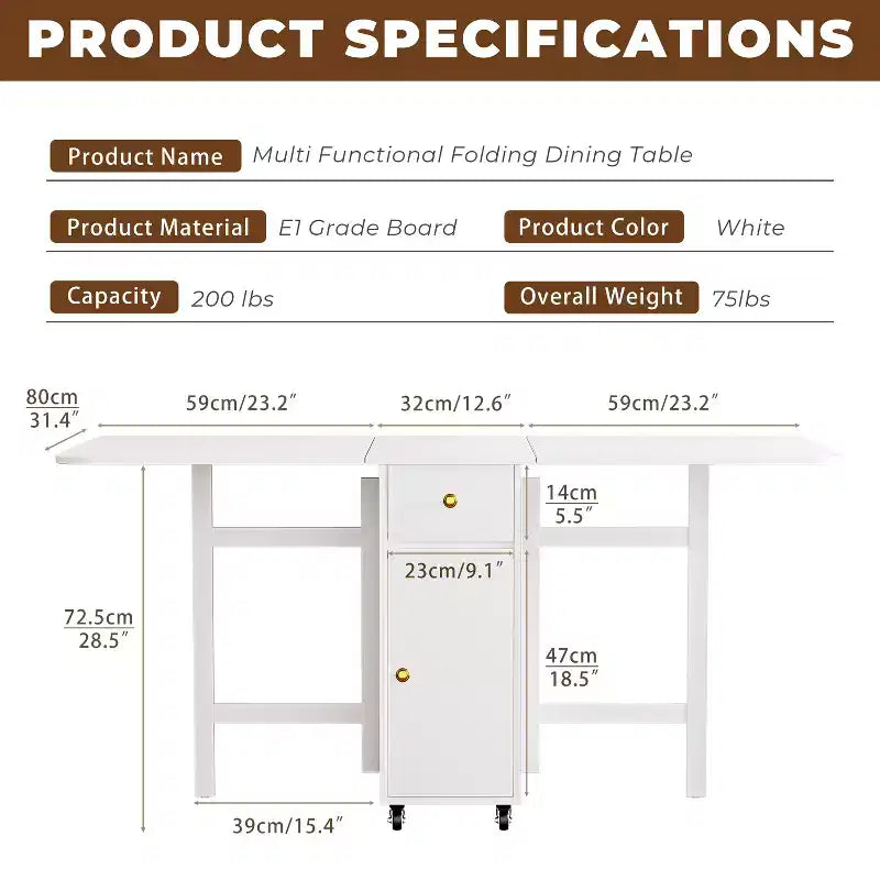 Tavolo da pranzo pieghevole ATJafurn 59'' con ante a ribalta per piccoli spazi, tavolo da cucina rettangolare estensibile in legno con ruote e contenitore