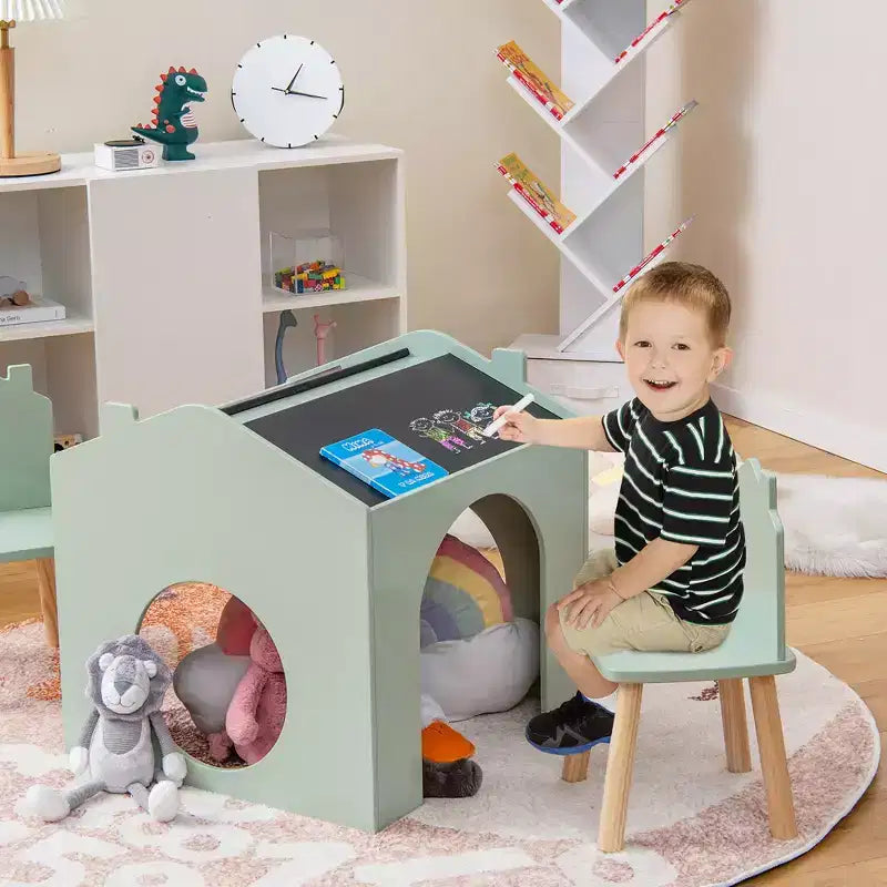 Set da 3 Pezzi Tavolo e Sedie in Legno per Bambini con Lavagna per Disegnare Leggere Verde/Grigio/Bianco