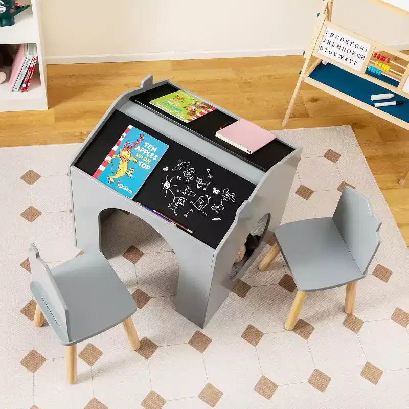 Set da 3 Pezzi Tavolo e Sedie in Legno per Bambini con Lavagna per Disegnare Leggere Verde/Grigio/Bianco