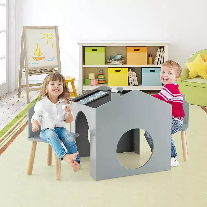 Set da 3 Pezzi Tavolo e Sedie in Legno per Bambini con Lavagna per Disegnare Leggere Verde/Grigio/Bianco