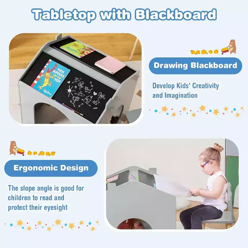 Set da 3 Pezzi Tavolo e Sedie in Legno per Bambini con Lavagna per Disegnare Leggere Verde/Grigio/Bianco