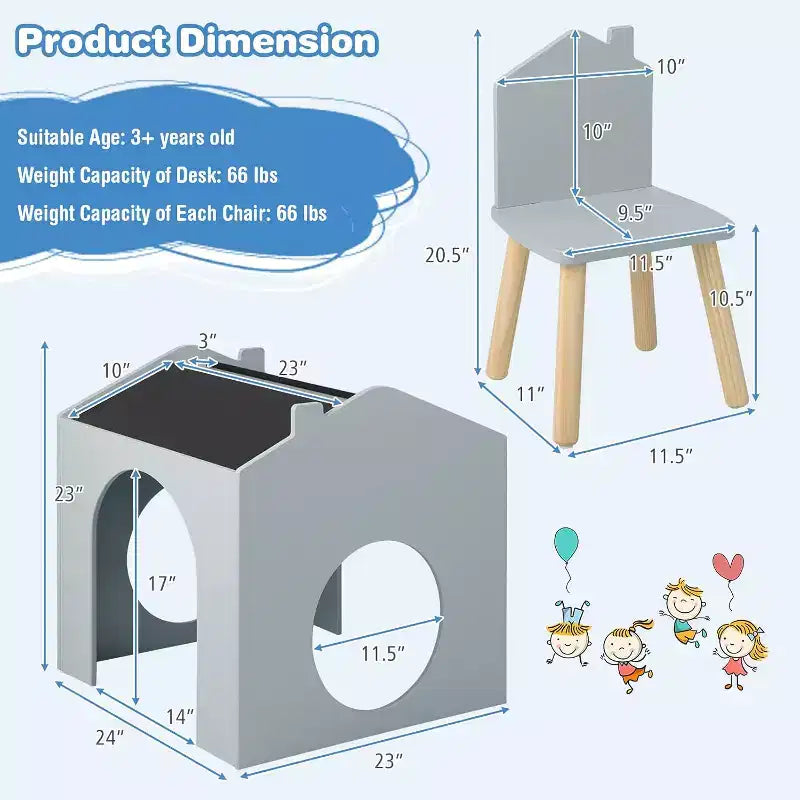Set da 3 Pezzi Tavolo e Sedie in Legno per Bambini con Lavagna per Disegnare Leggere Verde/Grigio/Bianco