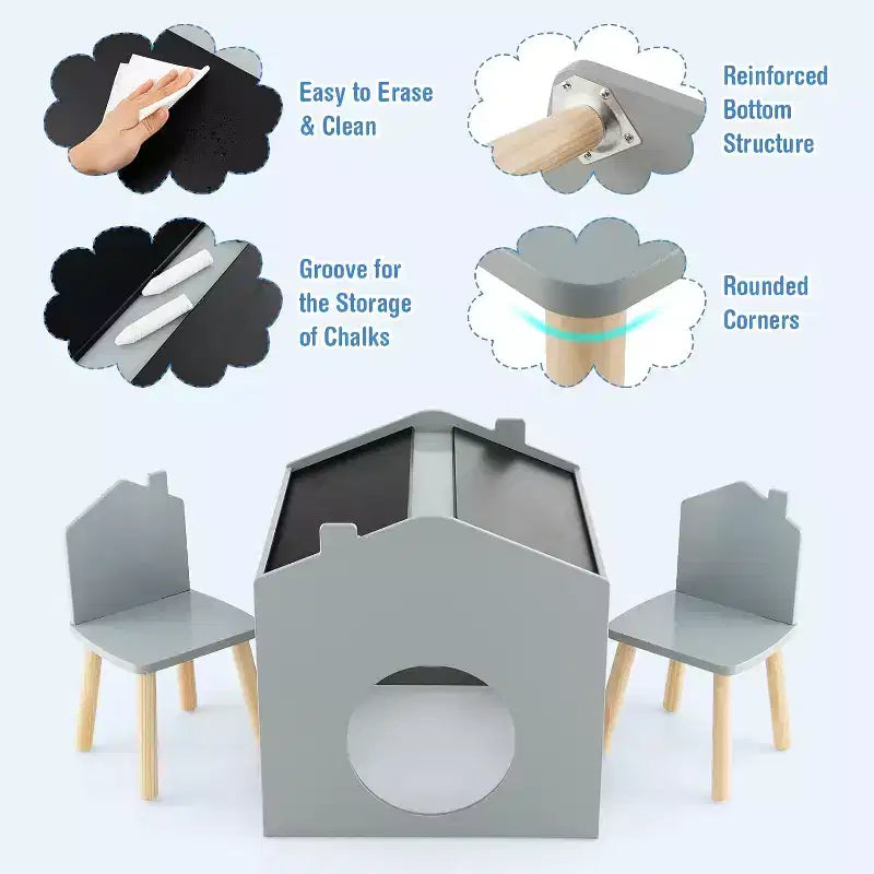 Set da 3 Pezzi Tavolo e Sedie in Legno per Bambini con Lavagna per Disegnare Leggere Verde/Grigio/Bianco